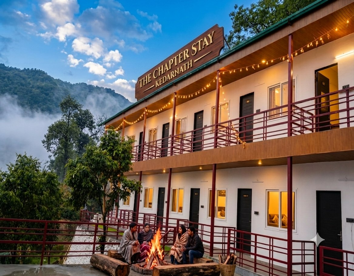 Guests sitting around an evening bonfire on the terrace of The Chapter Stay, with mountains behind